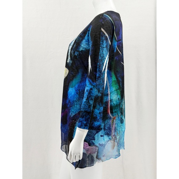 Jess & Jane Top Womens Large Blue Abstract Tunic Sheer Boho Art Stretch Colorful - Picture 4 of 10